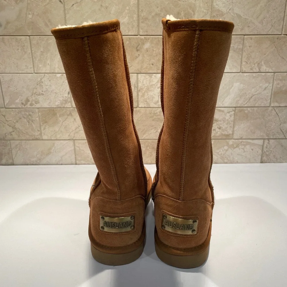 Ausland Women Mid Calf Suede Sheepskin Snow Boots Chestnut Tan Size 8.5 5116 NEW